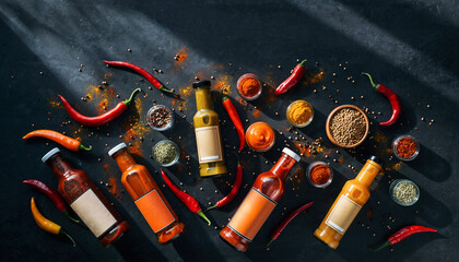 Assortment of vibrant spicy hot sauces, fresh red chili peppers, and aromatic spices on a dark background