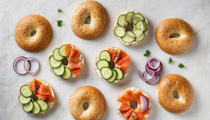 Delectable Bagel Breakfast A Vibrant Array of Salmon and Cucumber Toppings