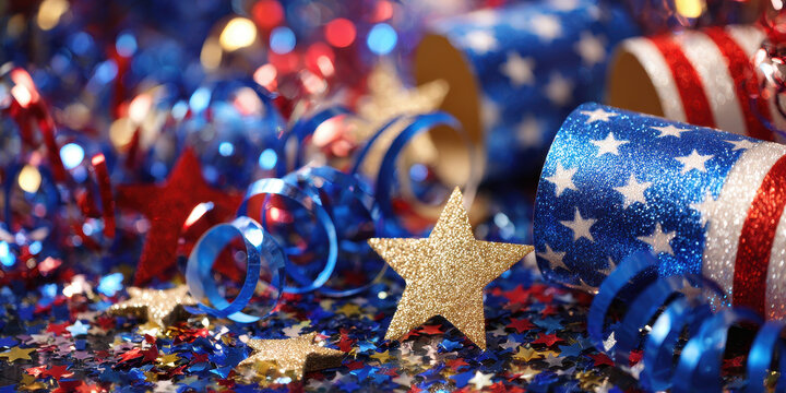 Sparkle confetti star party celebration, patriotic glitter ribbon