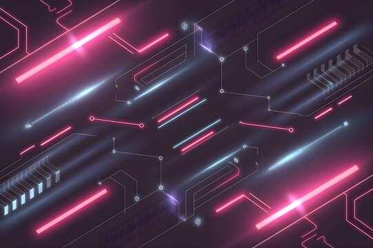 Cyberpunk Nexus: An isometric view of a futuristic glowing motherboard in vibrant pink and blue.