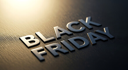 The words BLACK FRIDAY are displayed in metallic 3D lettering on a dark surface.