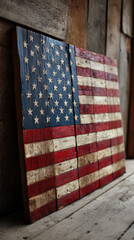 Obraz premium Rustic wooden American flag, hand painted, distressed texture, vintage, patriotic wall art