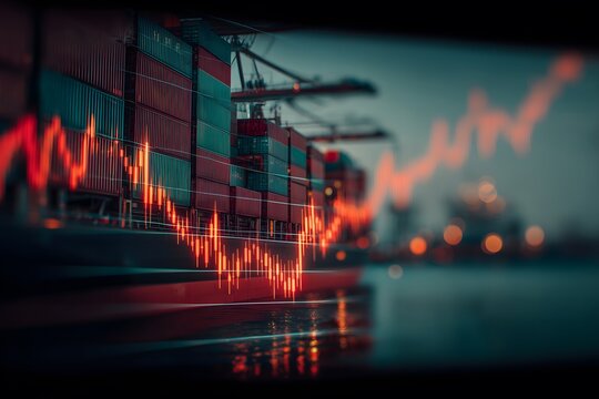 adobestock Less popular export business trends A cargo ship loaded with colorful containers is moored at an industrial port with a digital stock market graph