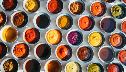 A vibrant and colorful assortment of various culinary sauces and condiments in small bowls