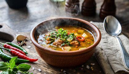 Hearty and aromatic bowl of spicy homemade stew, steaming on a rustic wooden table with fresh ingredients