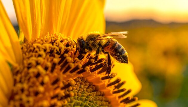 Close-up of a bee on a sunflower, backlit by the setting sun