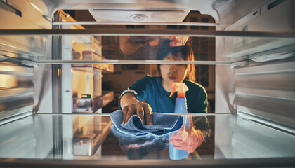 Diligent person meticulously wiping the shelves of a brightly lit empty refrigerator
