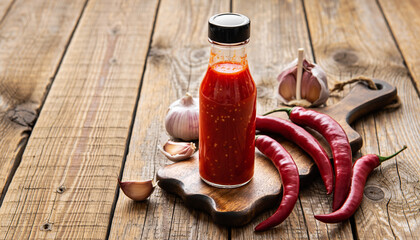 Spicy homemade chili sauce in a bottle, surrounded by fresh hot peppers and garlic on a rustic wooden background