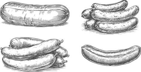 Set illustrations of Frankfurter sausage isolated on transparent background. Vector graphics