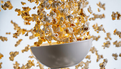 Crisp, Golden Popcorn Bursting Dynamically from a White Bowl, Creating a Lively Snack Scene
