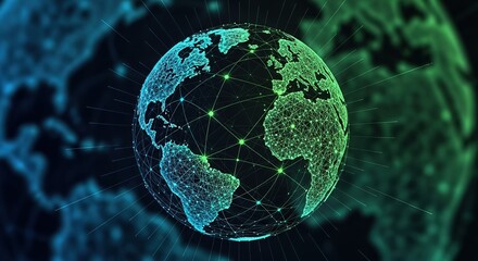 Global digital network connecting continents with vibrant light.