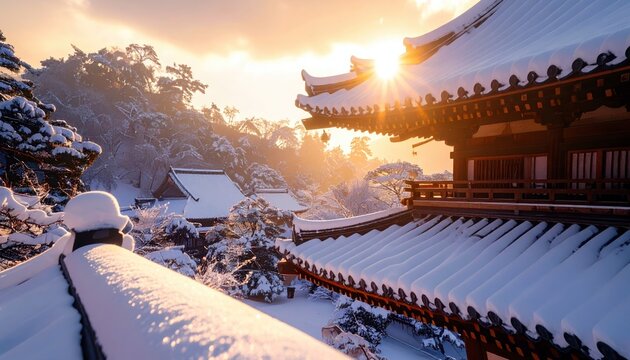 A serene winter sunrise illuminates a traditional Japanese temple complex, with snow blanketing the rooftops and surrounding trees. - Powered by Adobe