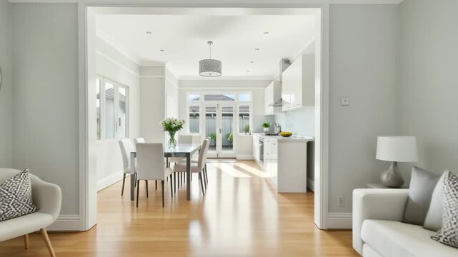 Elegant modern home interior, bright living room flows to kitchen and dining, natural light. 4k high quality footage