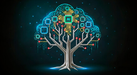 A symbolic tree with branches adorned with microchips, circuit boards, and an artificial intelligence symbol, against a dark, futuristic background. Concept of technology and innovation.