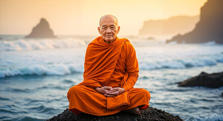  Buddhist monk, seated on seaside rock, golden hour. Inner tranquility in chaotic life, serene spiritual scene, peaceful meditation.