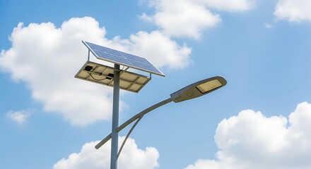 Modern solar powered street light against a bright blue sky with fluffy clouds
