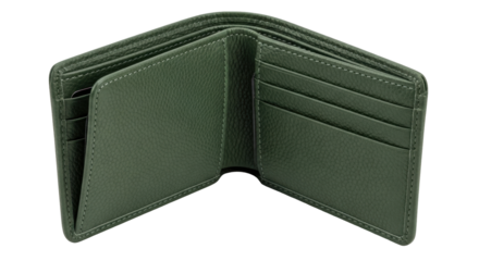 Isolated open olive-green leather wallet, with card slots, billfold slots, cash, finances, money