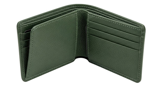 Isolated open olive-green leather wallet, with card slots, billfold slots, cash, finances, money