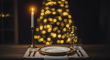 Romantic christmas dinner table setting with candle and blurred tree lights