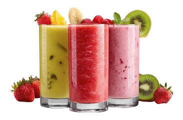 Three colorful fruit smoothies in tall glasses.  Fresh, vibrant smoothie drinks with assorted toppings, including kiwi, strawberries, raspberries, and banana slices