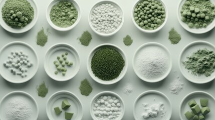 Green and white granular and powdered substances in small bowls showing advancements in future biological materials science.