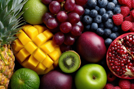 Colorful assortment of fresh ripe fruits close up