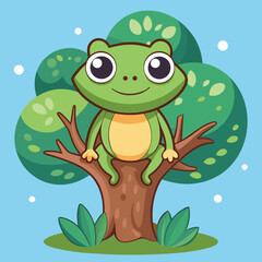 Obraz premium Friendly green cartoon frog character sitting on a tree branch
