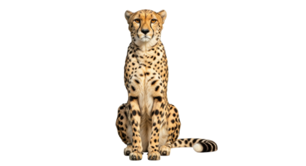 Isolated cheetah sitting tall with a confident expression, looking straight ahead at viewer
