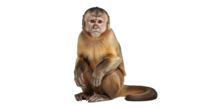 Isolated Capuchin monkey sitting upright in front view, looking towards camera, studio shot