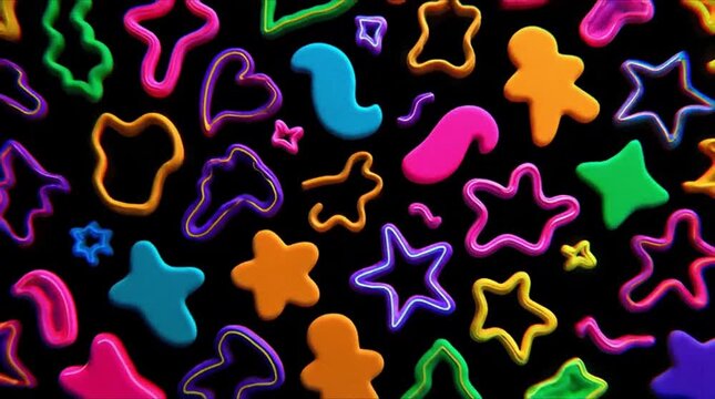 Vibrant Neon Outlines and Colorful Gummy Candy Shapes on a Black Background (AI Generated)