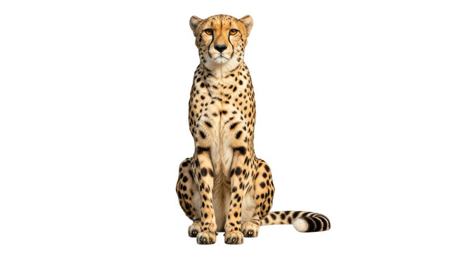 Isolated cheetah sitting tall with a confident expression, looking straight ahead at viewer