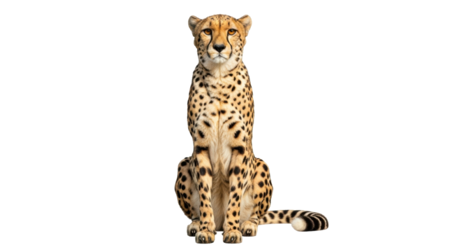 Isolated cheetah sitting tall with a confident expression, looking straight ahead at viewer