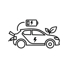 Line art icon of an electric car charging with a battery symbol