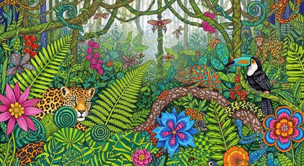 Vibrant jungle teeming with exotic wildlife and lush foliage