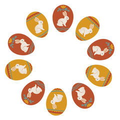 Easter festive round frame with eggs with hares and spring flowers. Simple vector design ideal for Easter holidays. Flat vector illustration.