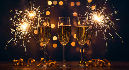 Three glasses of champagne with sparklers and bokeh lights for celebration