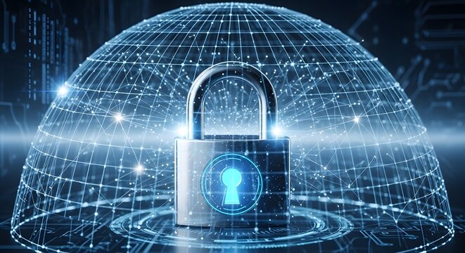 Digital security and data protection with a glowing padlock