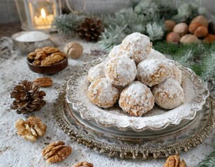 Fototapeta premium Collection of photos of festive snowball cookies, Russian tea cakes, and Mexican wedding cookies, beautifully decorated, powdered sugar-coated, perfect for holiday baking and Christmas treats.