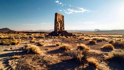 A tall, weathered rock pillar stands prominently in a dry, arid desert environment with sparse vegetation and distant mesas.