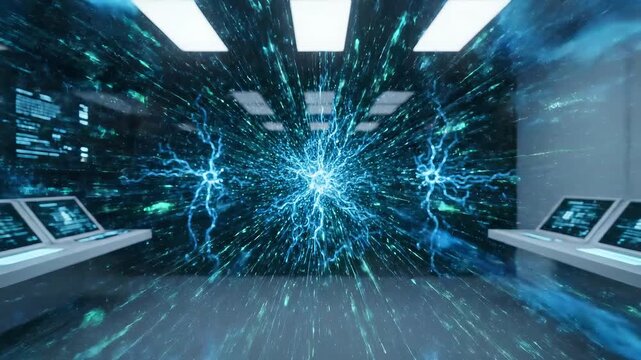 Central energy core with vibrant blue electrical arcs expanding outward in a futuristic control room filled with digital displays and monitors