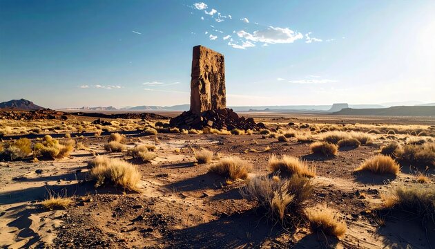 A tall, weathered rock pillar stands prominently in a dry, arid desert environment with sparse vegetation and distant mesas.