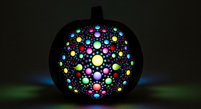 Illuminated pumpkin with colorful mandala dot art design