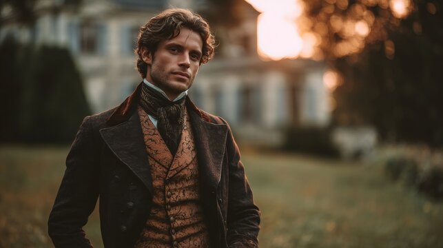 Elegant man wearing historical clothes at sunset