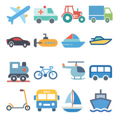 A set of 16 different transports, vector icons
