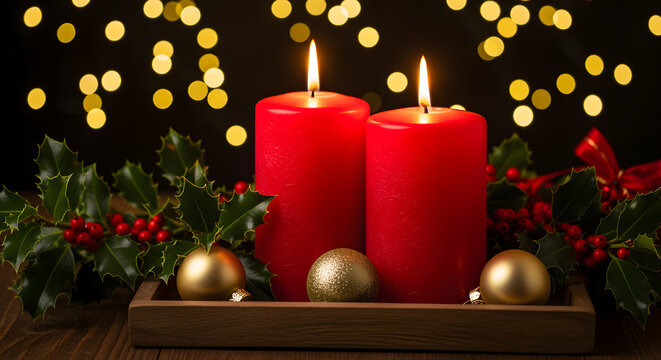 Two red christmas candles with holly and golden baubles on a dark background with bokeh lights