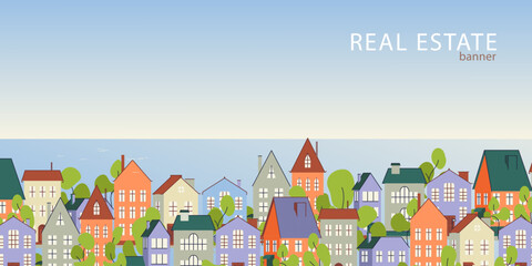 Real Estate, Rent, Residential Area banner with cute cartoon flat town, sea, house illustrations, copyspase, web home page template