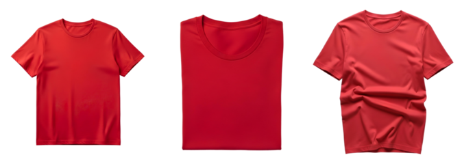 Red T-Shirt Mockup set PNG. Various blank cotton tees folded, flat and casual for diverse apparel branding. Realistic garment template PNG. Red tshirt top view flat lay isolated