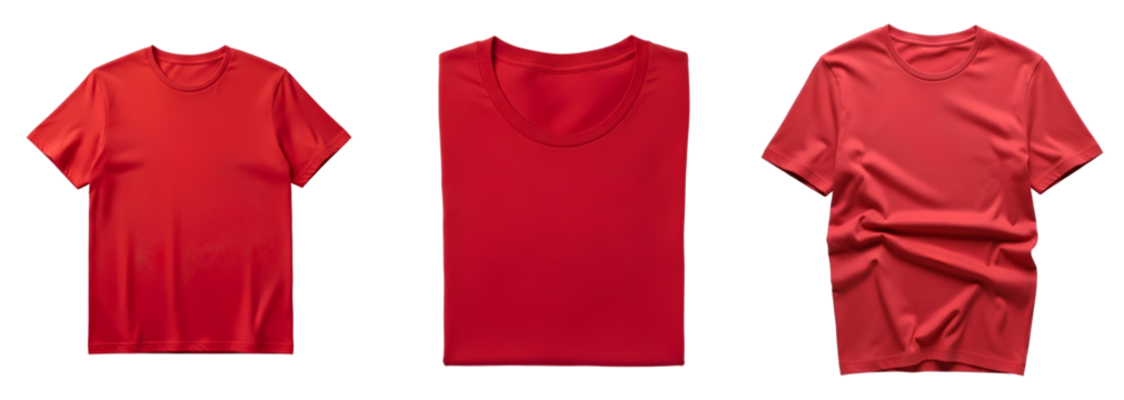 Red T-Shirt Mockup set PNG. Various blank cotton tees folded, flat and casual for diverse apparel branding. Realistic garment template PNG. Red tshirt top view flat lay isolated