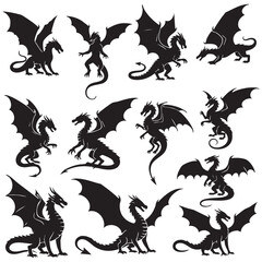 Dragon Silhouette Vector Design, Fantasy Beast Icon, Black Silhouette Illustration
