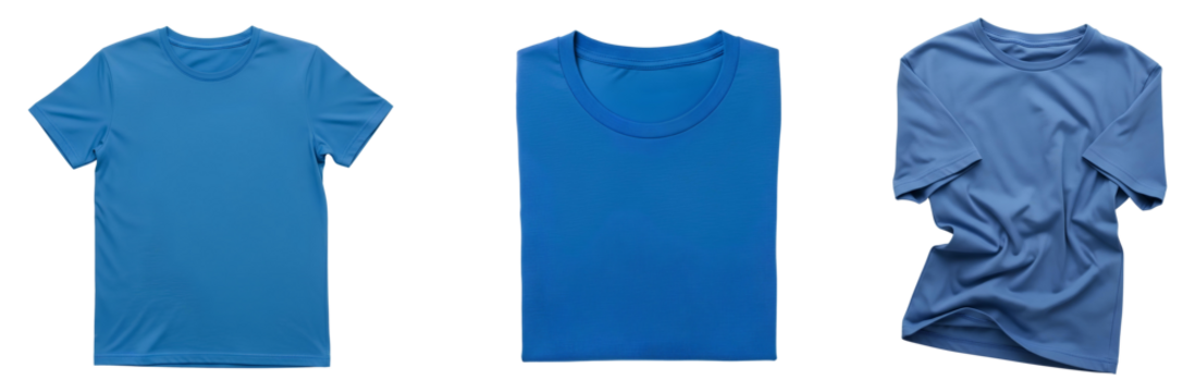 Blue T-Shirt Mockup set PNG. Various blank cotton tees folded, flat and casual for diverse apparel branding. Realistic garment template PNG. Blue tshirt top view flat lay isolated